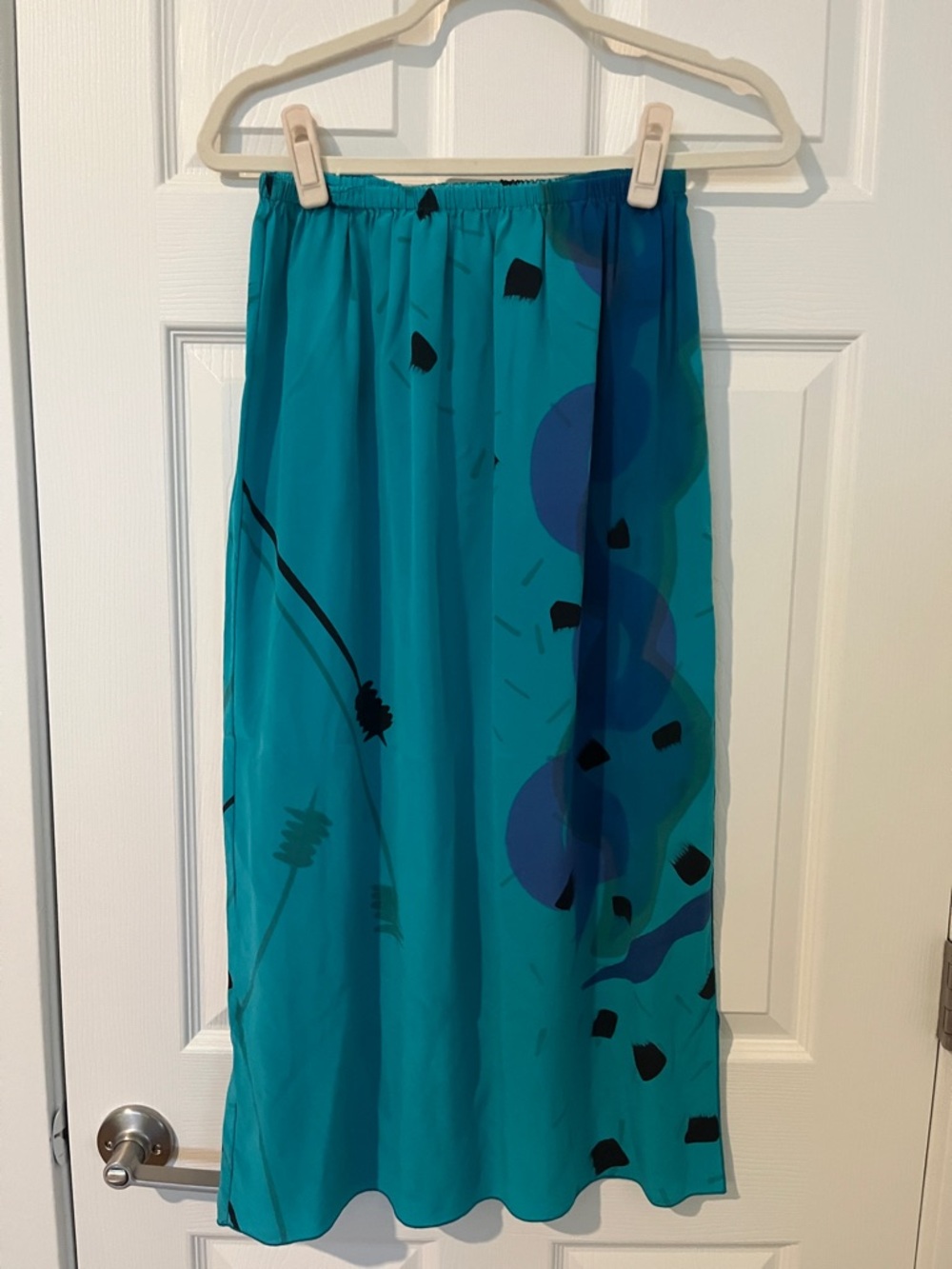 Vintage Silk Teal Blue Maxi Skirt with Abstract Accents